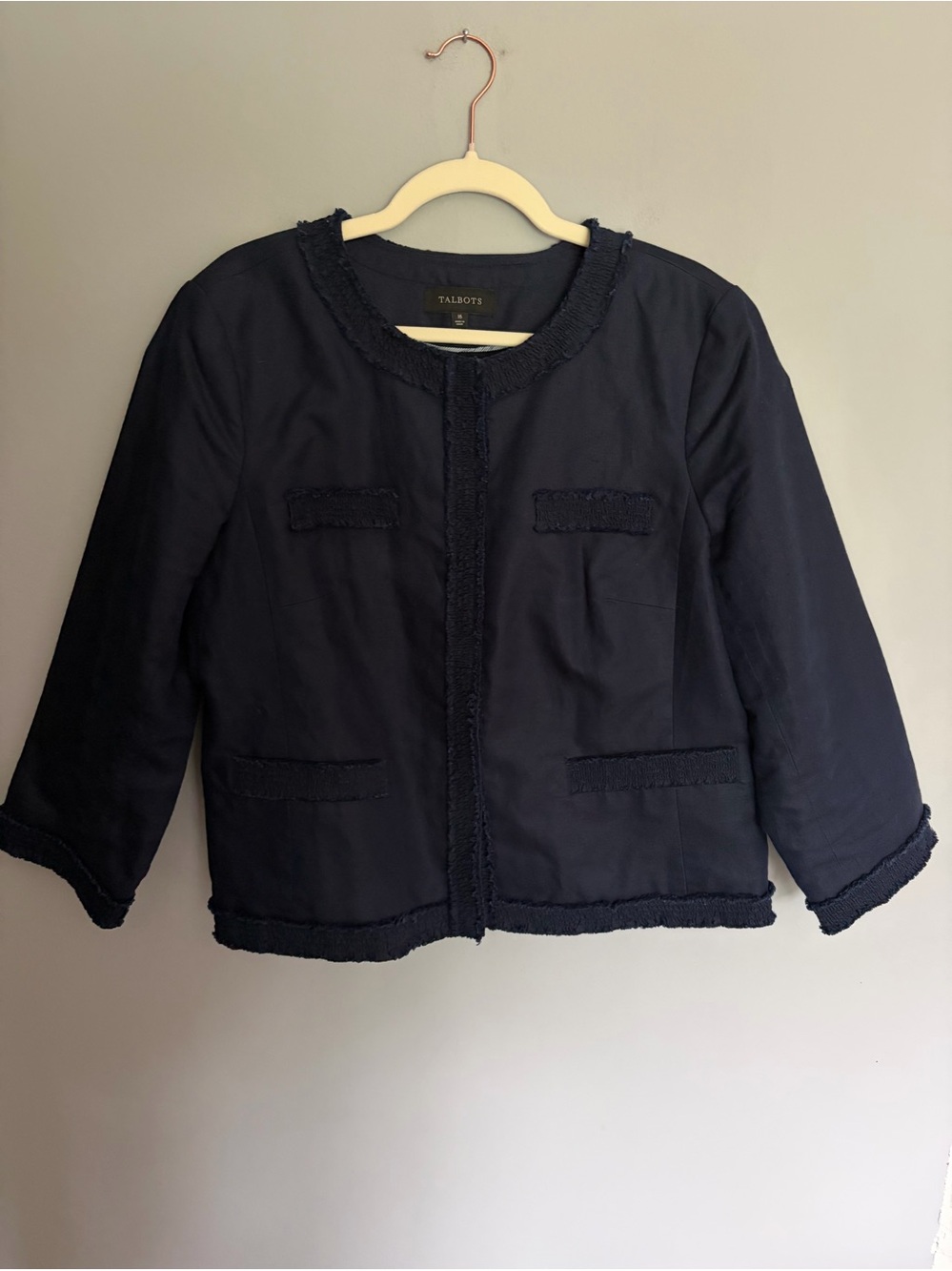 Talbots Blazer Jacket Women's 16 Navy Blue Linen Cotton Snap Front Frayed Trim